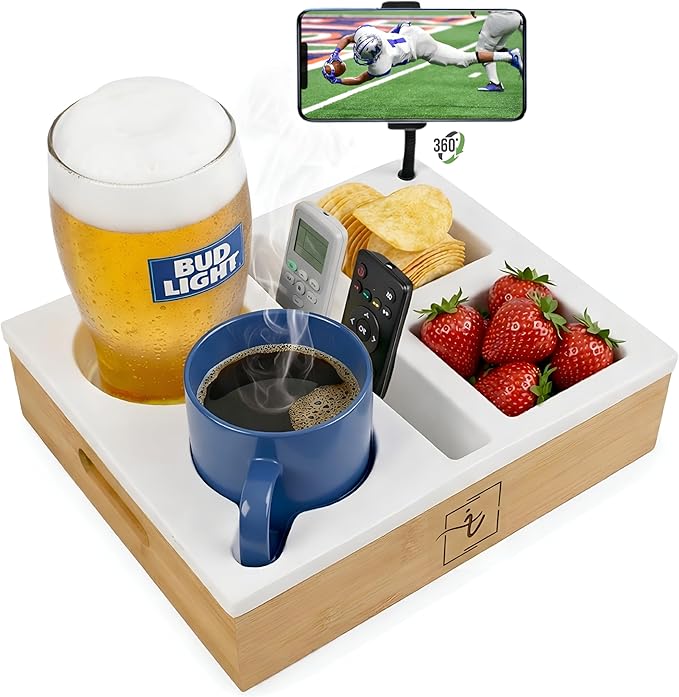 Couch Caddy with Cup Holder | Bamboo Couch Cup Holder Tray for Drinks, Snacks & Remotes | Couch Tray for Bed, Car Seat & Beach Organizer (White)