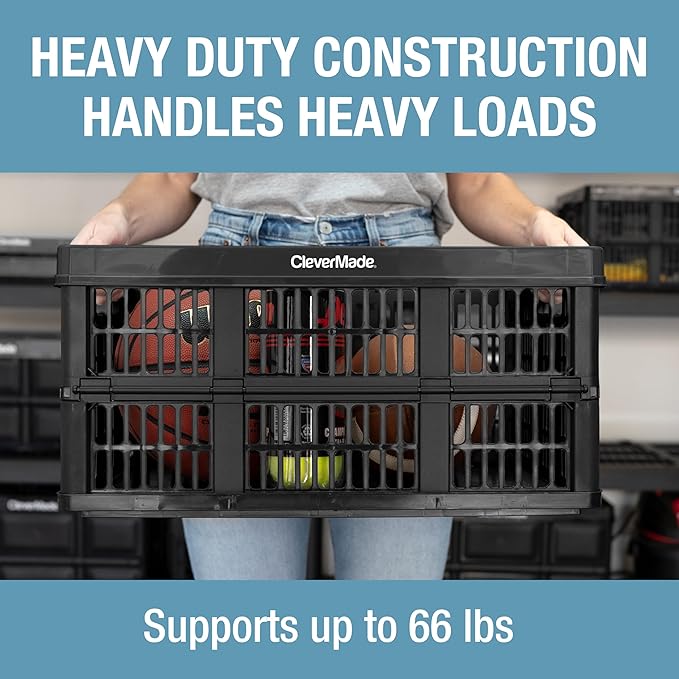 CleverMade Collapsible Utility Crates 45L (3 Pack) – Foldable Plastic Crates with Heavy Duty 66 lb Capacity, Collapsible Crates for Storage, Trunk Organization, Moving - Obsidian