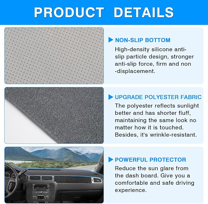 Autorder Gray Dashboard Cover Mat for 2007-2013 Chevy Chevrolet Silverado Sierra, 2007-2014 Chevy Tahoe Suburban Denali Avalanche & GMC Yukon/XL & Only One Glove Box Accessories Polyester Dash Cover