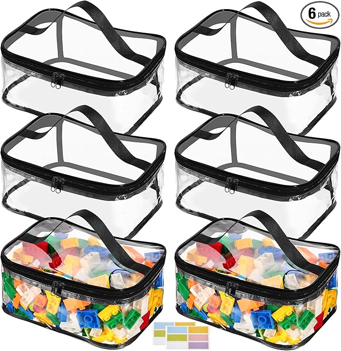 6 Packs Clear Toy Storage Bags, PVC Waterproof Toy Organizer with Zip Reusable Bags for Building Blocks, Board Game, Puzzles