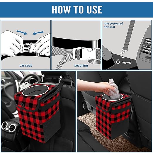Red and Black Buffalo PlaidCar Trash Can with Lid Collapsible Reusable Waterproof Car Garage Bag,Automotive Garbage Can,Car Accessories Interior Car Organizer