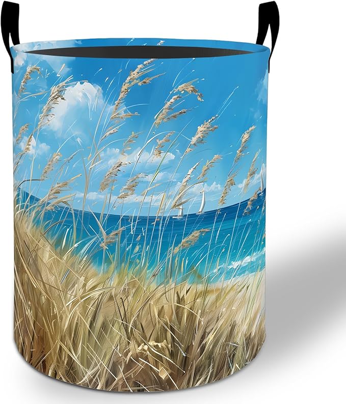 Coastal Beach Grass Laundry Basket Hamper 19.7"x15.8", Foldable Waterproof Oxford Clothes Storage Bucket for Room Bathroom Bedroom Nursery Decor, Toy Organizer Bins Gifts for Kids Boys Girls