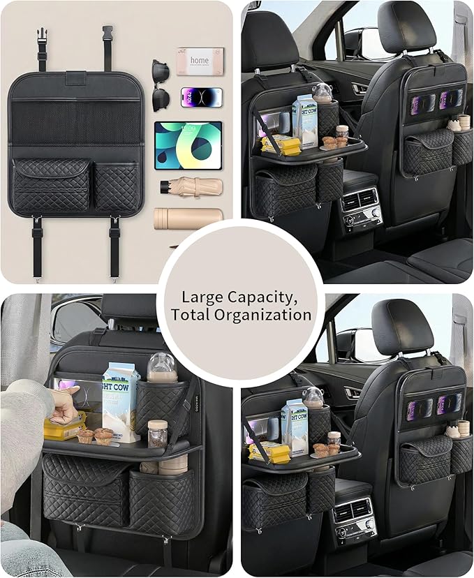 PU Leather Backseat Car Organizer with Tray, Cup Holder, Tablet Pocket & Tissue Holder, Back Seat Car Organizer for Kids and Women, Universal Car Seat Storage Organizer (Black)