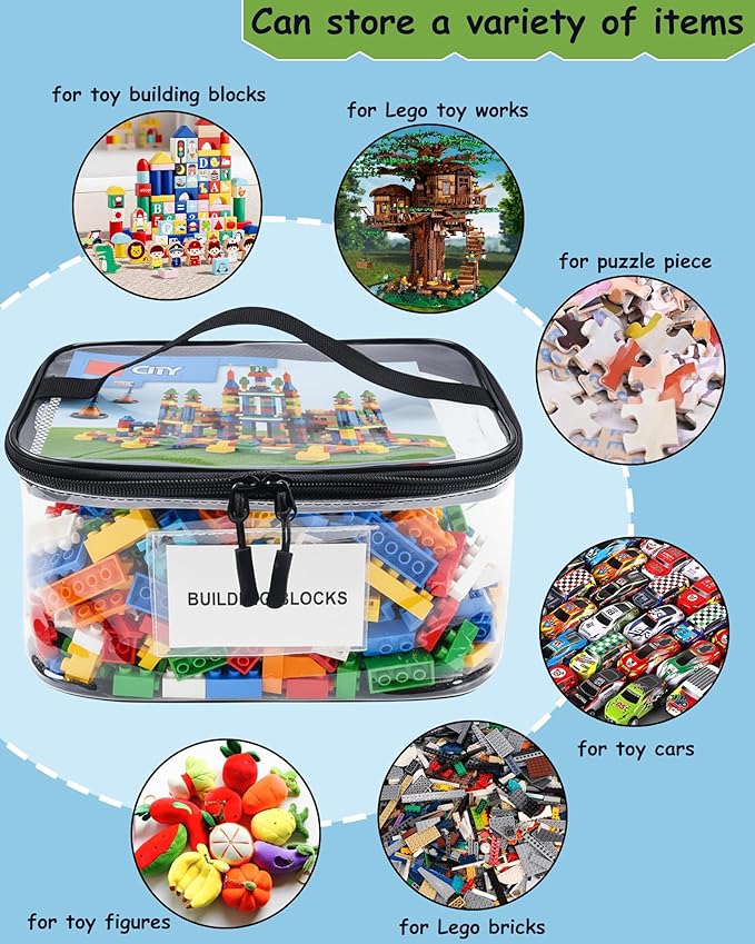 6 Pack Extra Large Clear Toy Storage Bags with Tag & Pocket – Versatile Waterproof Organizer Bags for Lego Bricks, Board Games, Building Blocks, Puzzles, Dolls, Books (Black-M Size-6 Pack)