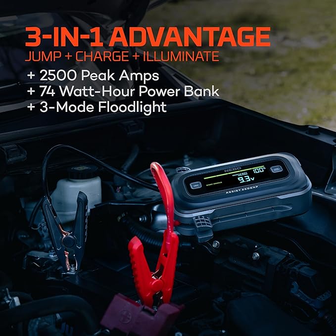 NEBO Assist 2500XP+ Jump Starter | 3-in-1 2500 Amps Jump Starter, Charger, Illuminated Floodlight, USB Compatible, Automotive, Emergency, Spark-Proof Safety