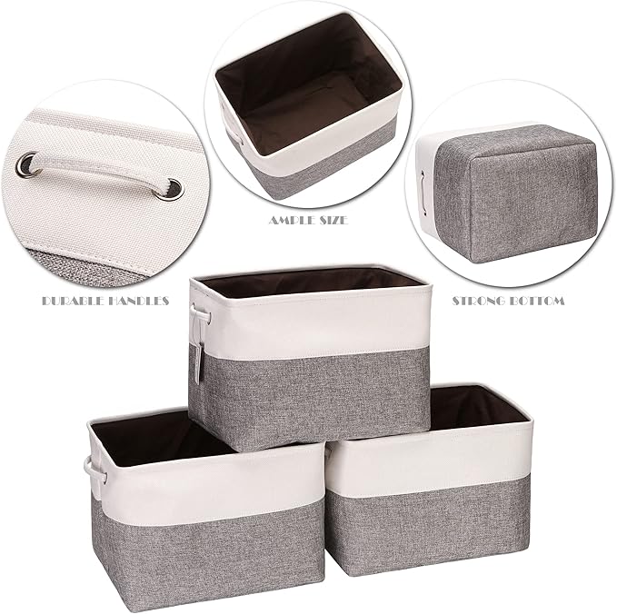Sea Team 3-Pack Large Storage Basket Set, Trunk Organizer, Clothes Toys Bin, 15 x 10 x 10 Inches, Big Rectangular Canvas Fabric Collapsible Shelf Box with Handles for Kids Room (Grey/White)