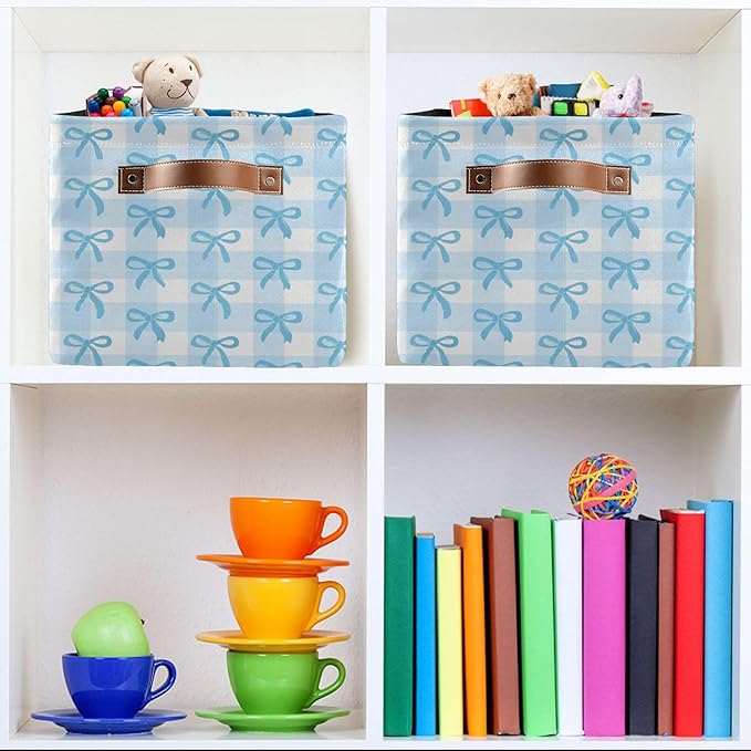 Wamika Bow Blue Storage Basket with Waterproof Liner and PU Handles Bowknot Cute White Storage Bins Boxes 14.2" Collapsible Decorative Organizer Baskets for Bedroom Closet Office 1 Pack