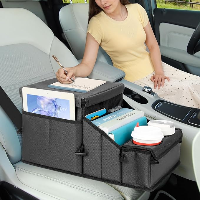 Car Organizer for Front Seat Organizer and Storage, Collapsible Car Caddy, Passenger Seat Organizer with Partitions & Cup Holders, Car Organization for kids and Adults (Grey)