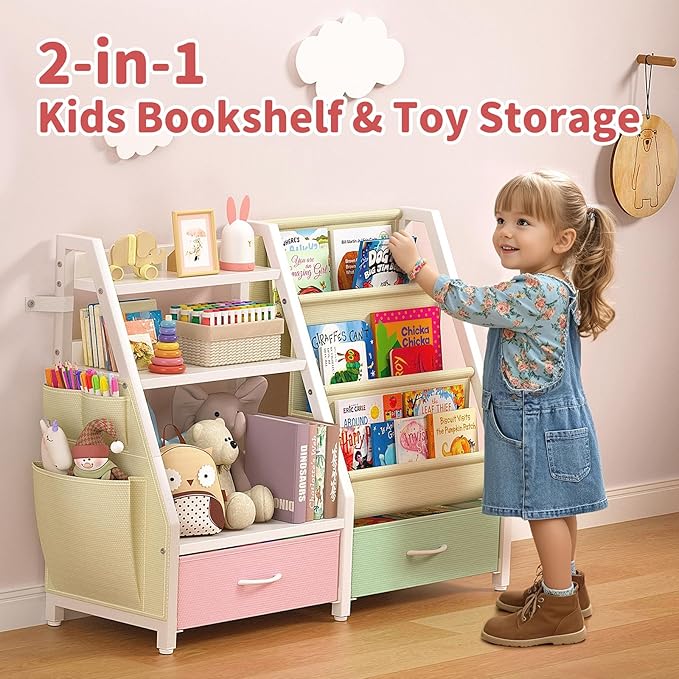 Kids Bookshelf and Toy Storage, Sturdy 3 Tier Kids Bookcase, Sling Bookshelf and 2 Toy Boxes, Toddler Montessori Bookshelf with Toy Organizer, for Kids Room, Game Room, Nursery