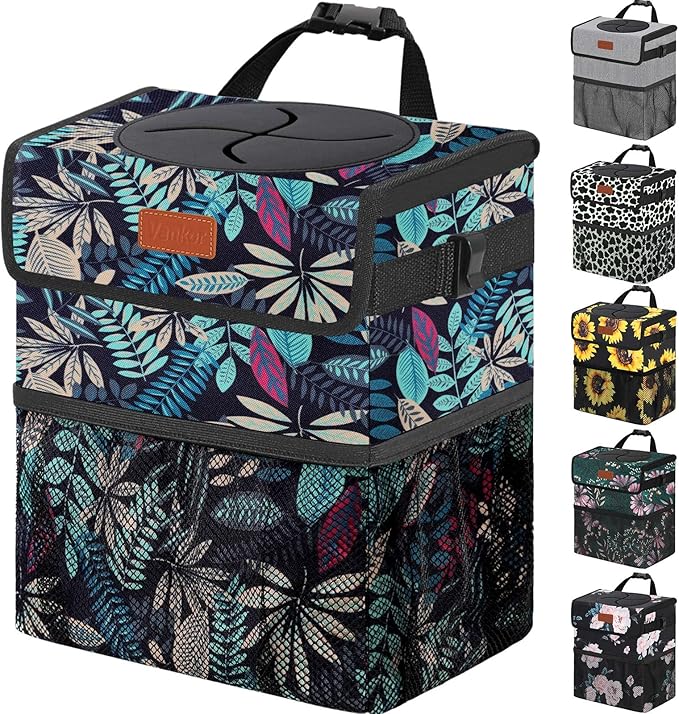 Vankor 3 Gallons Car Trash Can with Lid, Bag Bin Hanging Waterproof Automotive Car Garbage Cans Leak Proof Vehicle Trash Can for Truck SUV,Colorful Leaves