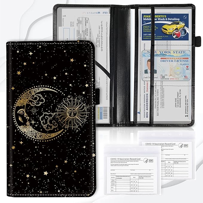 Car Registration and Insurance Card Holder, Premium Leather Vehicle Wallet Cover for Glove Box Car Organizer Drivers License/Cards/ID - Essentials Document Holder, Sun Moon Stars