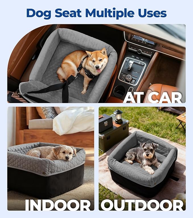 Dog Car Seat for Small Medium Dogs, Travel Pet Car Bed with Removable Waterproof Cover, Memory Foam Dog Booster Seats Up to 35 lbs, Safety Belt and Storage Pocket(Gray)