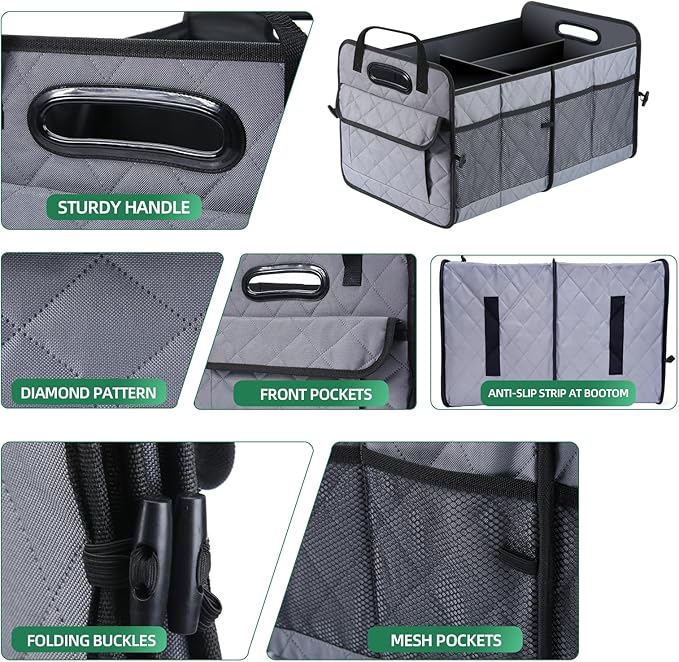 Car Trunk Organizer, 75L Large Capacity Waterproof Auto Storage with Non-Slip Bottom Strips, Collapsible Cargo Organizer for Suv, Truck, Sedan, Portable Car Accessories for Women Men(Grey)