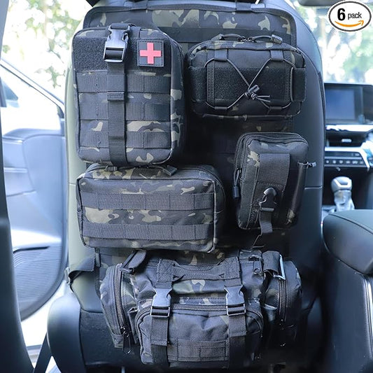 Tactical Car Seat Back Organizer Bag Tactical Molle Vehicle Organizers Panel Vehicle Protector Organizers with 5 Detachable Pouches for Car Truck Ford (Black camo)