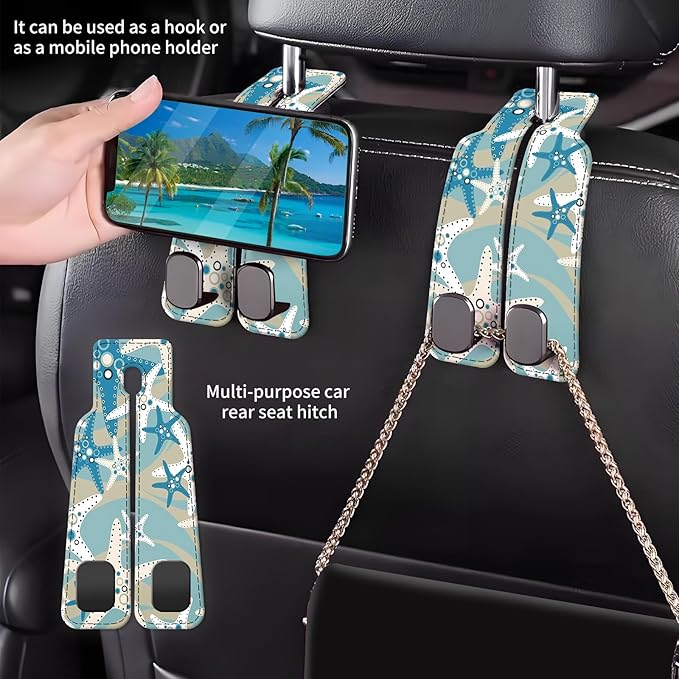 Car Seat Back Storage Headrest Hook, Premium Leather Double Metal Hook, Hanger Storage Organizer for Purse Cloth Bag, Car Interior Accessories Cute Blue Seastar