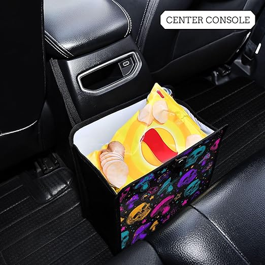 Car Trash Can Organizer Bin with Adjustable Strap for Back Front Seat Console Waterproof Leakproof Collapsible Portable 11 Inch Neon-colored Skulls Stars Mushrooms
