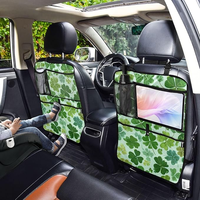 1 Pack Back Seat Car Organizer with Storage Pockets Kick Mats Back Seat Protector Hanging Car Organizer Automotive Seat Back Cover Organizers Green Nature St Patrick Clovers