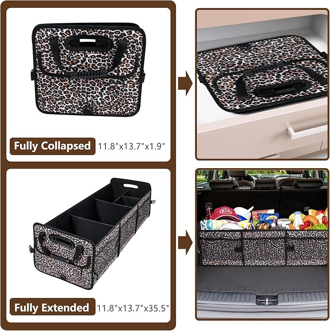 Leopard Print Trunk Organizer - 95L Large Capacity, Non-Slip Bottom, Waterproof, Portable Car Storage for SUV, Truck, Sedan
