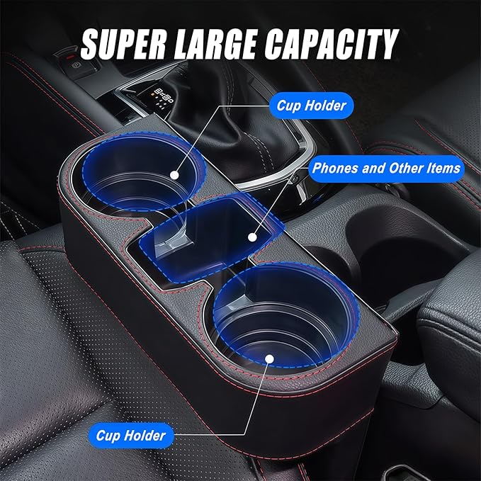Car Cup Holder for Seat Gap Filler, PU Leather Car Seat Gap Filler Organizer Storage Box, Multifunctional Automotive Interior Accessory with Cupholder & Phone Holder (Black)