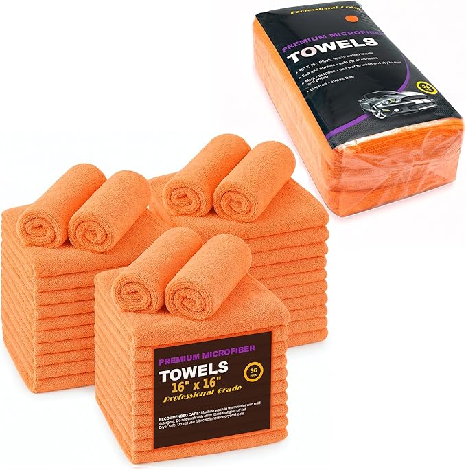 Large Microfiber Cleaning Towels, 36-Pack, Ultra Soft Plush Washcloths, Professional Grade Premium Microfiber Detailing Cleaning Cloth for Car, Household and Commercial (Orange, 16" x 16")