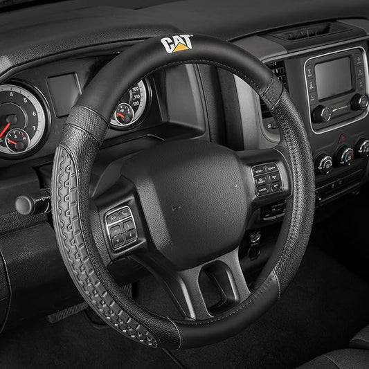 CAT® DuraGrip Car Steering Wheel Cover, Black Tire Tread Traction Design, Auto Steering Wheel Cover for Cars Trucks Vans SUVs, Improve Grip and Control, Durable Comfortable - Large 15"-16" Inches