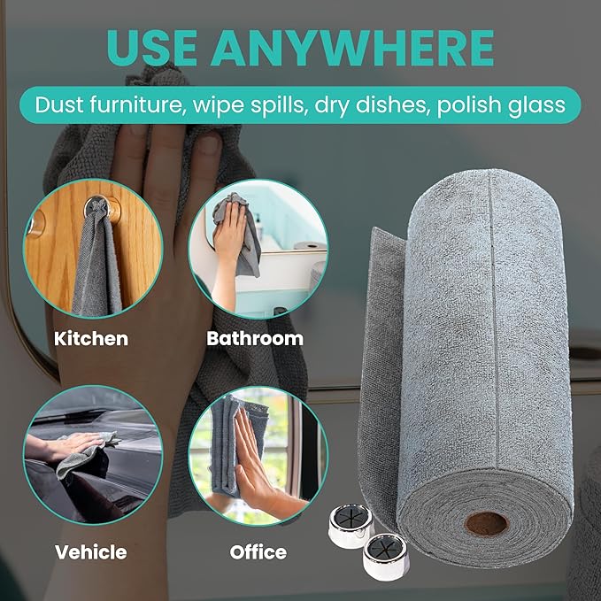 Microfiber Cleaning Cloth Roll Tearaway, 50 PCS Tear Away Towels, Reusable & Washable, Ultra Absorbent 12" x 5.5" Dish Rags for Car, Home, Kitchen, , 200 GSM Thickness, Paper Towel Alternative