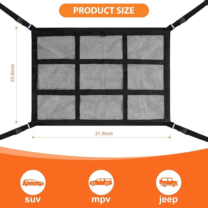 Dog Car Net Barrier,Universal Fit Sturdy Double-Layer Mesh 31.5"x23.6" Car Ceiling Cargo Net Pocket with Flexible Bungee Cords for Seat Movement Easy to Install