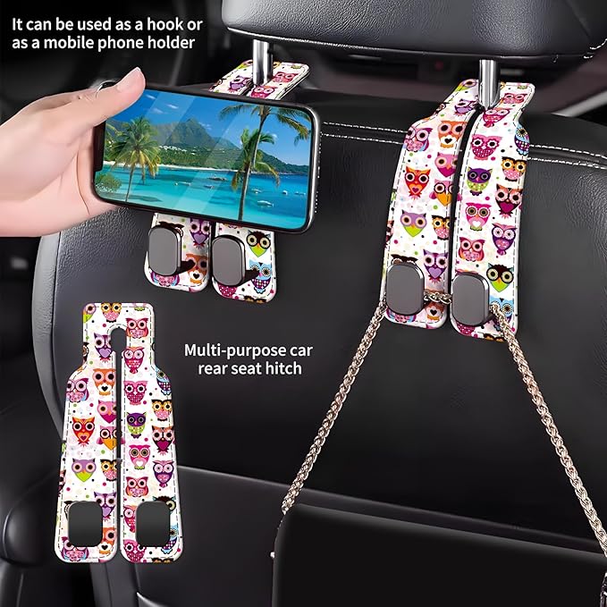 Car Seat Back Storage Headrest Hook, Premium Leather Double Metal Hook, Hanger Storage Organizer for Purse Cloth Bag, Car Interior Accessories Colorful Boho Owls