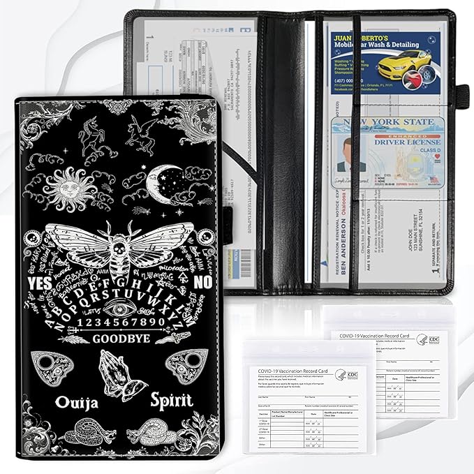 Car Registration and Insurance Card Holder, Premium PU Leather Vehicle Wallet Cover for Glove Box Car Organizer Drivers License/Cards/ID Essentials Document Holder, Death Moth Spirit Board