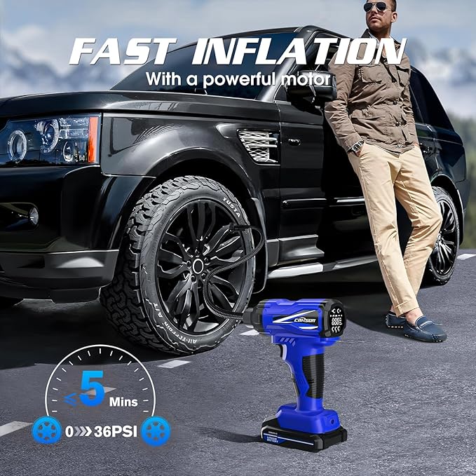 CARSUN Tire Inflator Portable Air Compressor, 150PSI Cordless Tire Pump with DC 12V/Battery Dual Power Supplies, Portable Handheld Air Pump, Digital Pressure Gauge for Car Tires, Bicycles, Balls, Blue