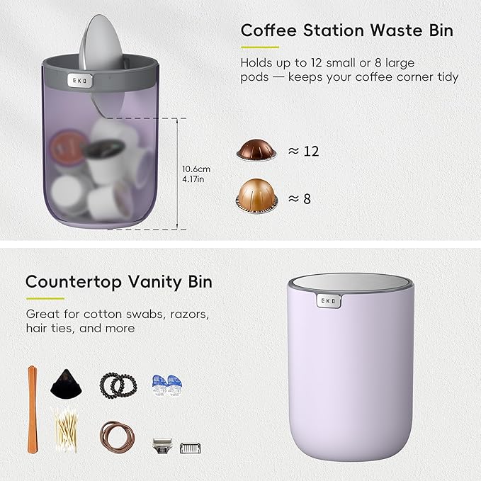 EKO Fandy 0.4 Gal/1.5L Mini Tabletop Trash Bin with Swing-Lid, Desktop Trash Can for Bathroom Countertop, Vanity, Coffee or Office, Small Garbage Bin (Lavender)
