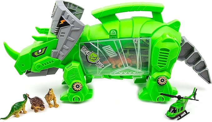 Toysery Dinosaur Toy Storage Carrier for Kids, Portable Jurassic World Toy Organizer with Built-in Carrying Handle and Wheels, Includes Mini Dinosaurs and Car Toys Inside for Toddler Boys and Girls