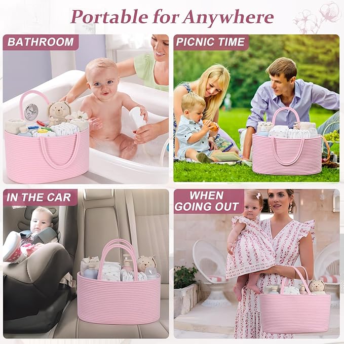 13.5L Baby Diaper Caddy Organizer, 15.3"x9.8"x7" Cotton Rope Diaper Basket, Changing Table Storage Caddy With Removable Divider, Baby Basket for Nursery, Car, Diapers, Baby Shower Gifts for Newborn