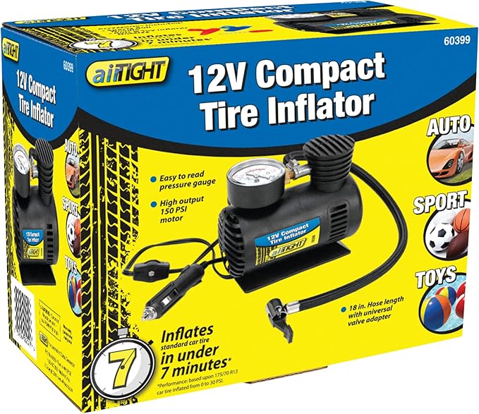 Performance Tool 60399 12V Compact Tire Inflator with LED Light and Auto Shut-Off, Portable Air Compressor for Cars, Trucks, SUVs and Bikes