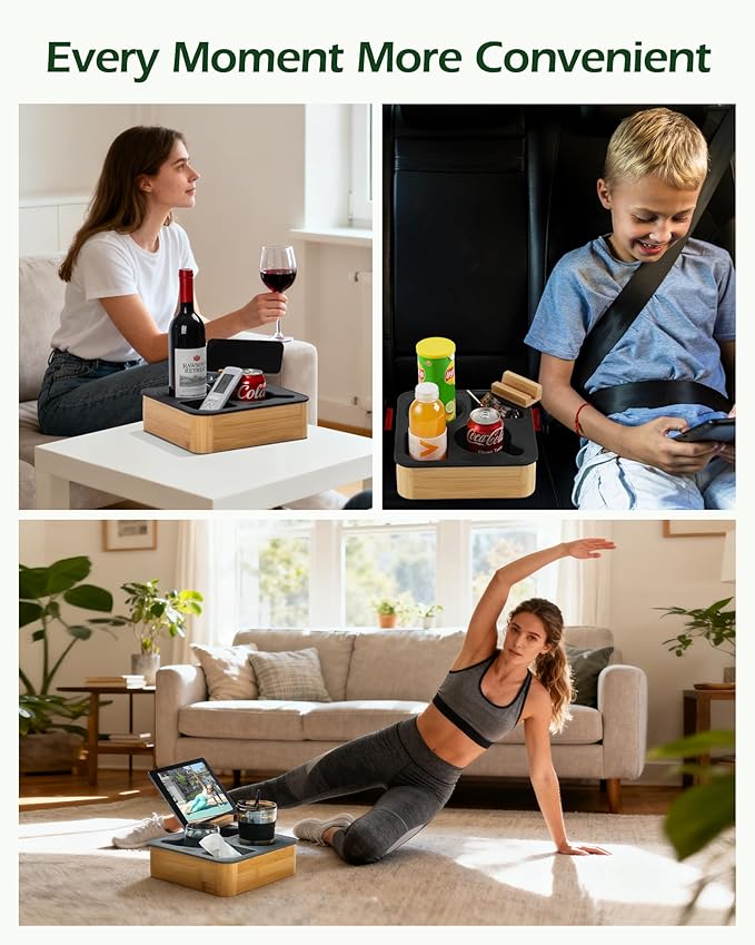 Couch Cup Holder Tray, Bamboo Couch Caddy with Rotatable Phone Holder for Bed Organizer, Waterproof Anti-spill Sofa Cup Holder for Snacks Beverage Remote White