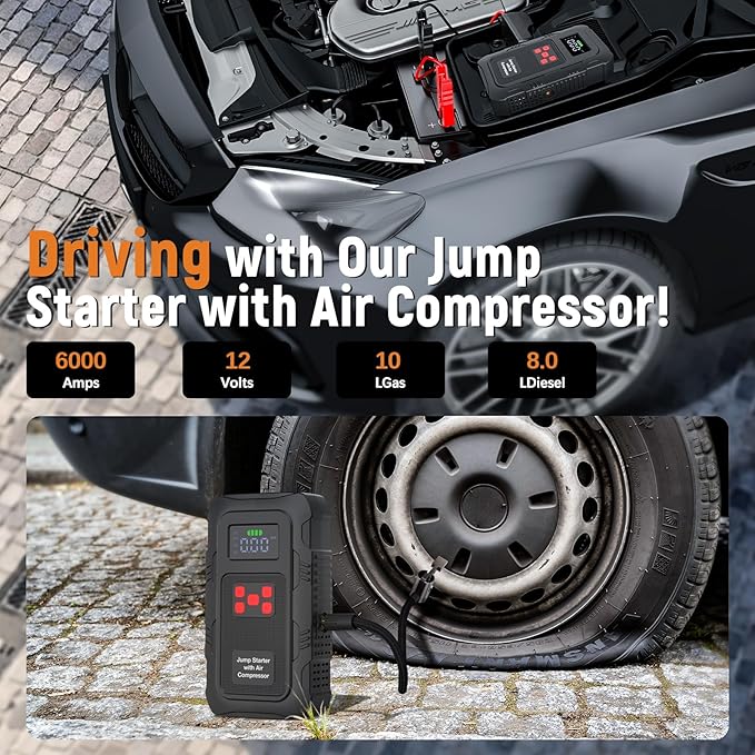 6000A Jump Starter with Air Compressor, Portable Car Battery Jump Starter with 150 PSI Tire Inflator for Up to 10.0L Gas and 8.0L Diesel Engines, 12V Jump Box with LCD Display