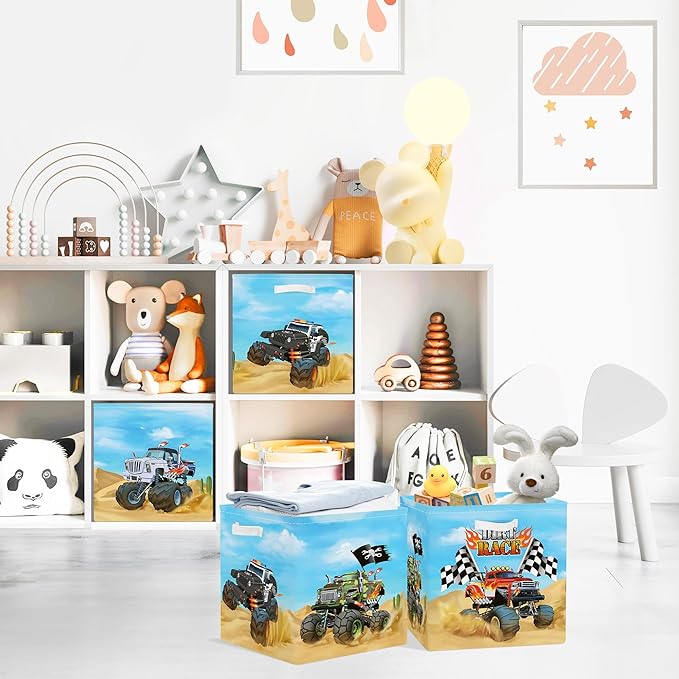 Clastyle Cars Kid Storage Cube Organizer Set Closet Clothes Cube Storage Bin Nursery Toddler Toy Box Chest Girl Boy Book Shelf Basket,Monster Truck,11.8x11.8x11.8 in