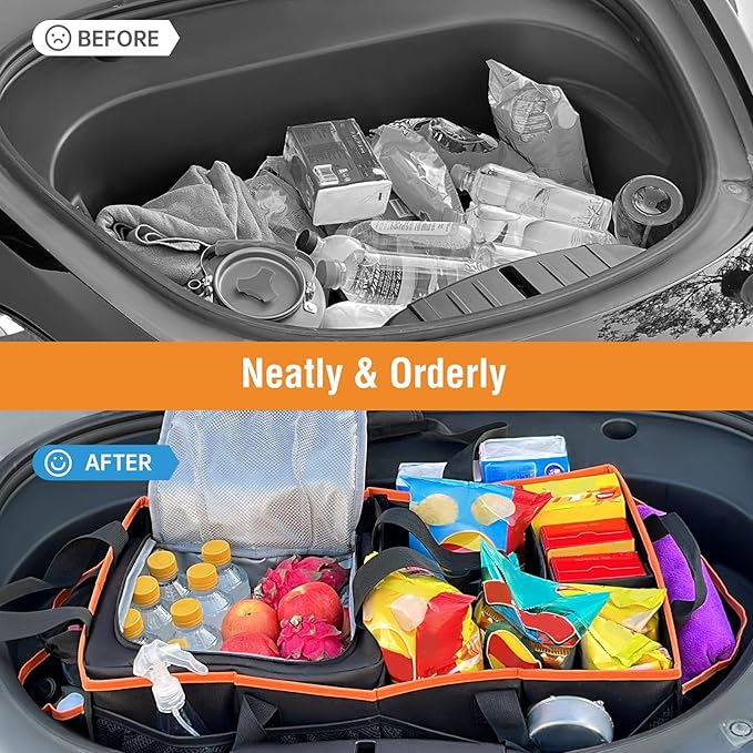 Car Front Trunk Organizer with Cooler Bag Compatible with Tesla Model Y Model 3 2020-2026, Foldable Grocery Frunk Storage Bag Collapsible for Car SUV with Multi Compartment，Black