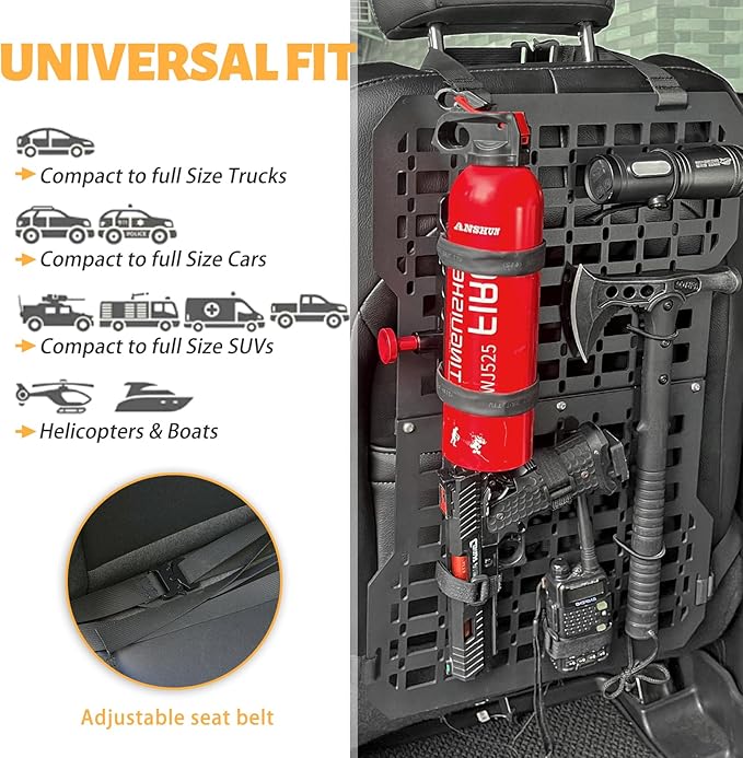 MAIKER Rigid Molle Panels For Vehicles Truck Mount Rack Tactical Seat Back Organizer with Fire Extinguisher Mout & Hook and Loop Fasteners & Elastic Rope for Storage Gears Accessories, Black