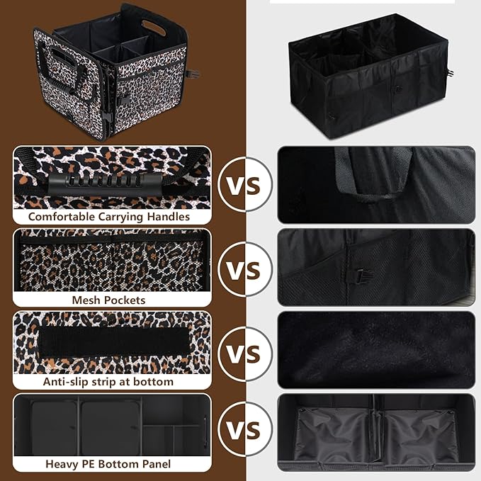Leopard Print Trunk Organizer - 95L Large Capacity, Non-Slip Bottom, Waterproof, Portable Car Storage for SUV, Truck, Sedan