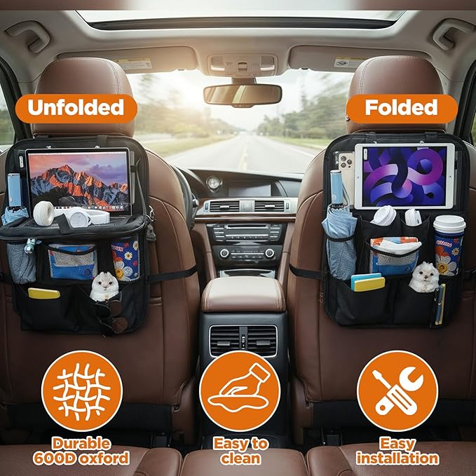2 Pack Backseat Car Organizer with Touch Screen Tablet Holder, Travel Accessories with 9 Storage Pockets, Seat Back Protectors, Kick Mats for Kids & Adults, Fits Most Vehicles (Black)