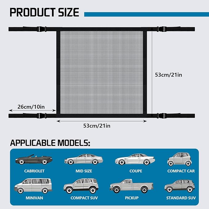 Dog Car Barrier Net,Adjustable Mesh Fence with Ropes & Hooks One-Piece Design Universal for Cars, SUVs, Pickups, Trucks and Vans (21x21 Inches)