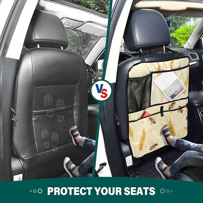 Fall Wheat Yellow Bees 1 Pack Backseat Car Organizer with Storage Pockets Seat Back Organizers for Kids Kick Mats Backseat Protector Automotive