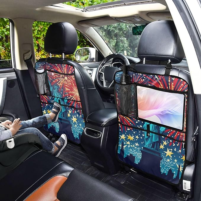 July 4th Fireworks Statue Of Liberty Blue 2 Pack Backseat Car Organizer with Storage Pockets Seat Back Organizers for Kids Kick Mats Backseat Protector Automotive