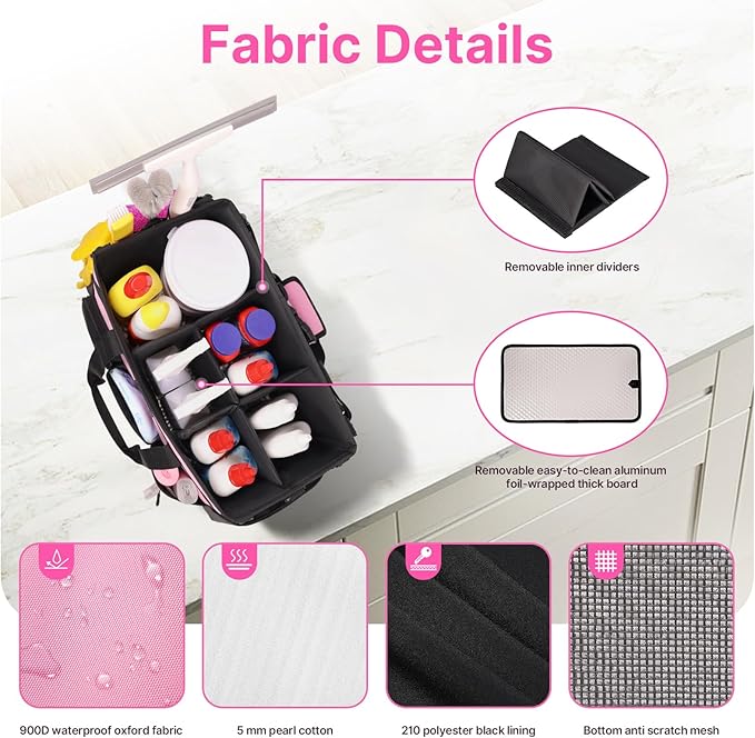 Large Wearable Cleaning Caddy Bags,Cleaning Supplies Storage Bag with Handles and Adjustable Shoulder Strap and Removable Waist Straps,Waterproof Cleaning Bags for Home,Car,Office (Pink)