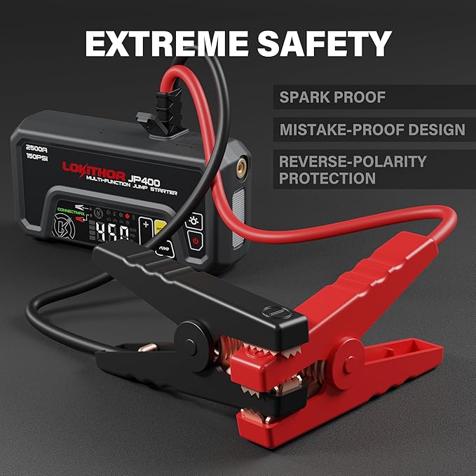 LOKITHOR JP400 Jump Starter with Air Compressor, 2500A 12V Car Battery Jumper Starter Portable (8.5L Gas/6.5L Diesel) with ConnectMax Tech, 150PSI Tire Inflator, Auto-Shutoff & Dynamic Dwell