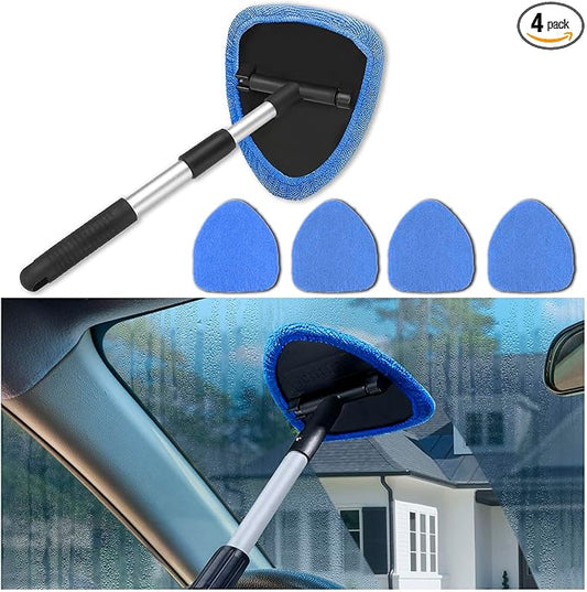 Windshield Cleaner Tool - Portable Car Interior Window Cleaning Kit with Extendable Handle, 4 Microfiber Towel Pads, Auto Glass Wiper for Windshield, Universal for RV, SUV, Truck (Blue)