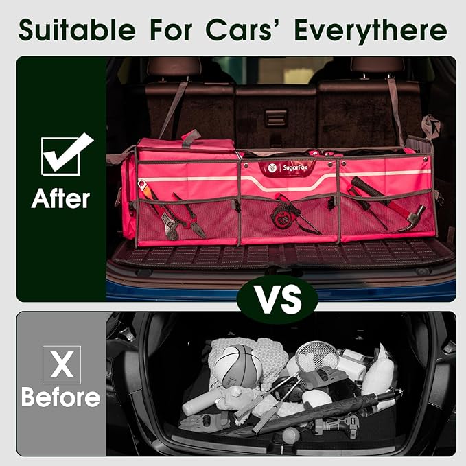 Car Trunk Organizer for SUV, Heavy Duty Waterproof Trunk Organizer, Foldable Collapsible Car Organizer with Cooler, Multi-Compartment Large Trunk Organizer (95L), Pink-M003