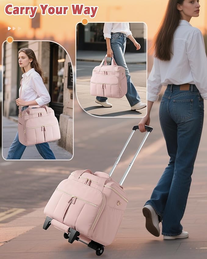 Marscamd Rolling Teacher Bag with Accordion File Organizer & 15.6" Laptop Compartment, Wheeled Work Briefcase Tote with Detachable Trolley & Crossbody Strap for Women, Pink