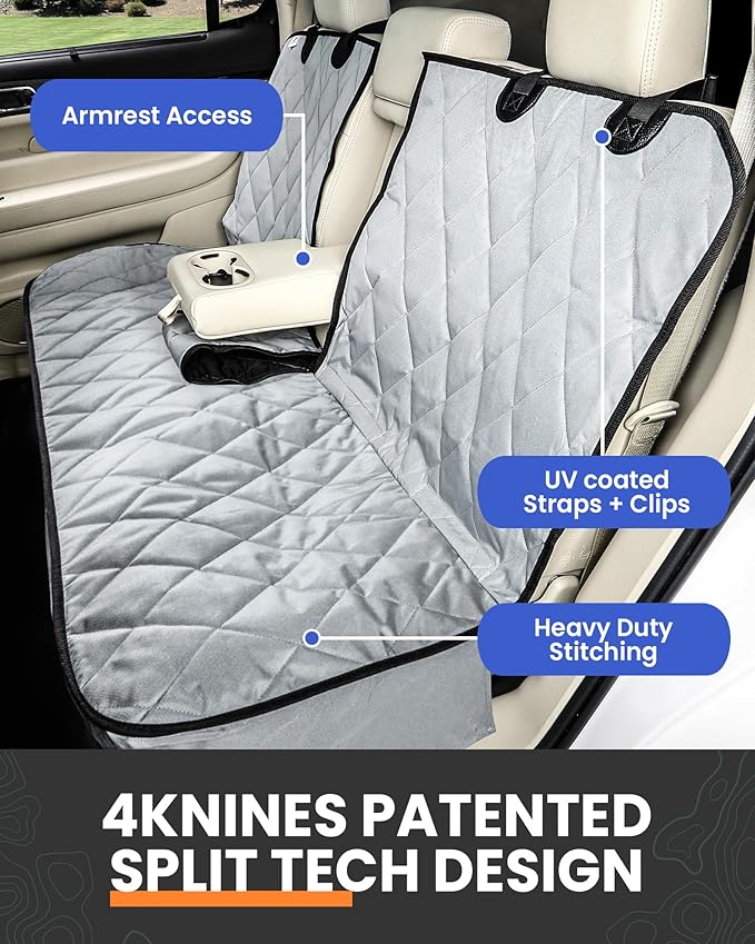 4Knines Dog Seat Cover for Back Seat, Heavy Duty Waterproof Rear Seat Protector for Small Trucks, SUVs, Cars - Fits 60/40 Split Bench with Middle Seat Belt, Non-Slip Dog Backseat Cover (Regular, Grey)